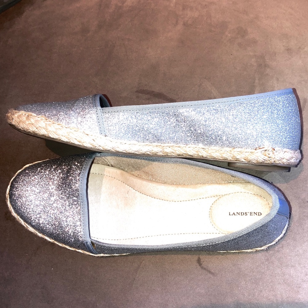 Land’s End Silver Fabric Shoes with rubber sole.